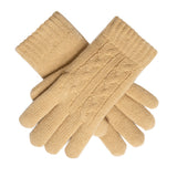 Women's cable knit gloves in beige, criss cross position.