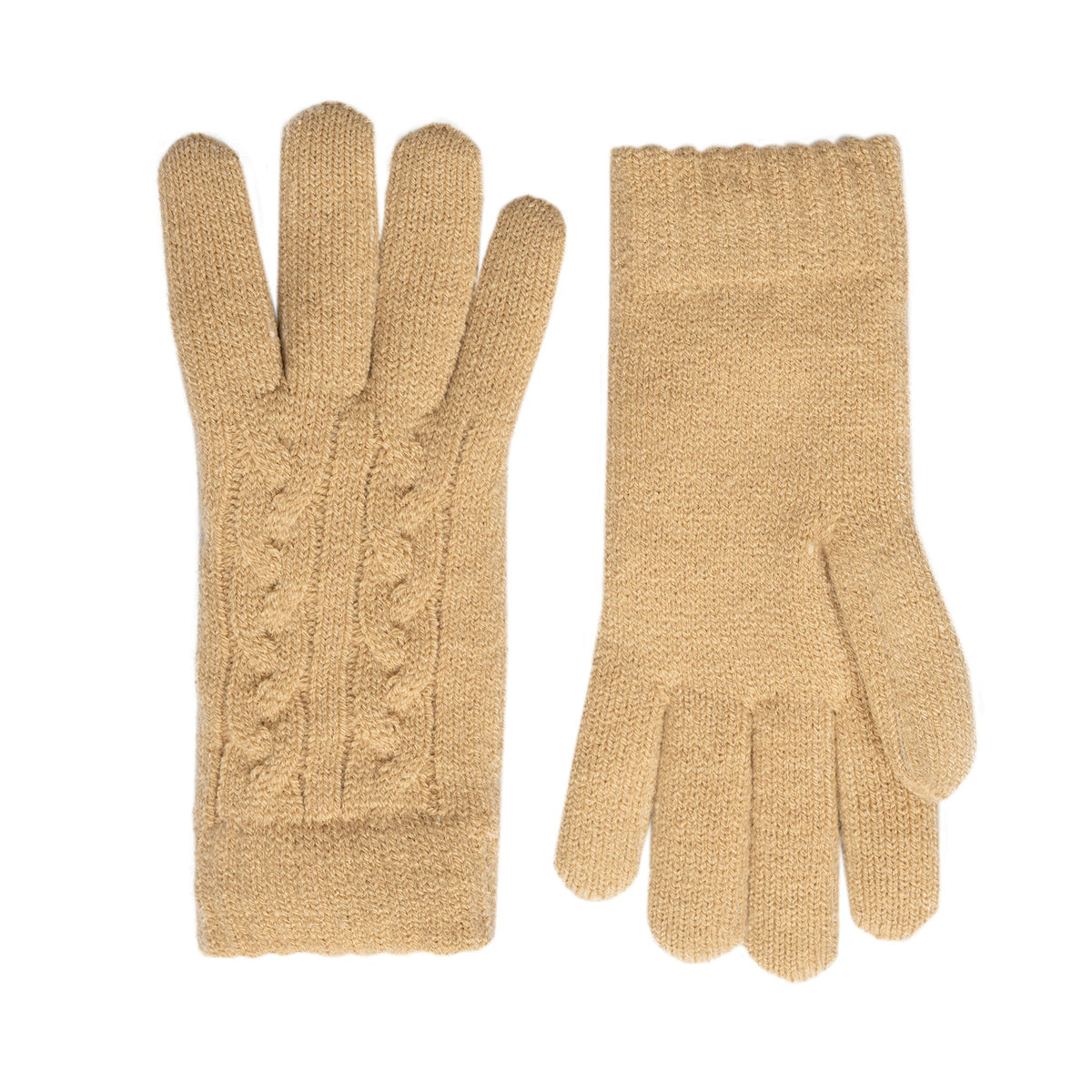 Women's cable knit gloves in beige, side by side.