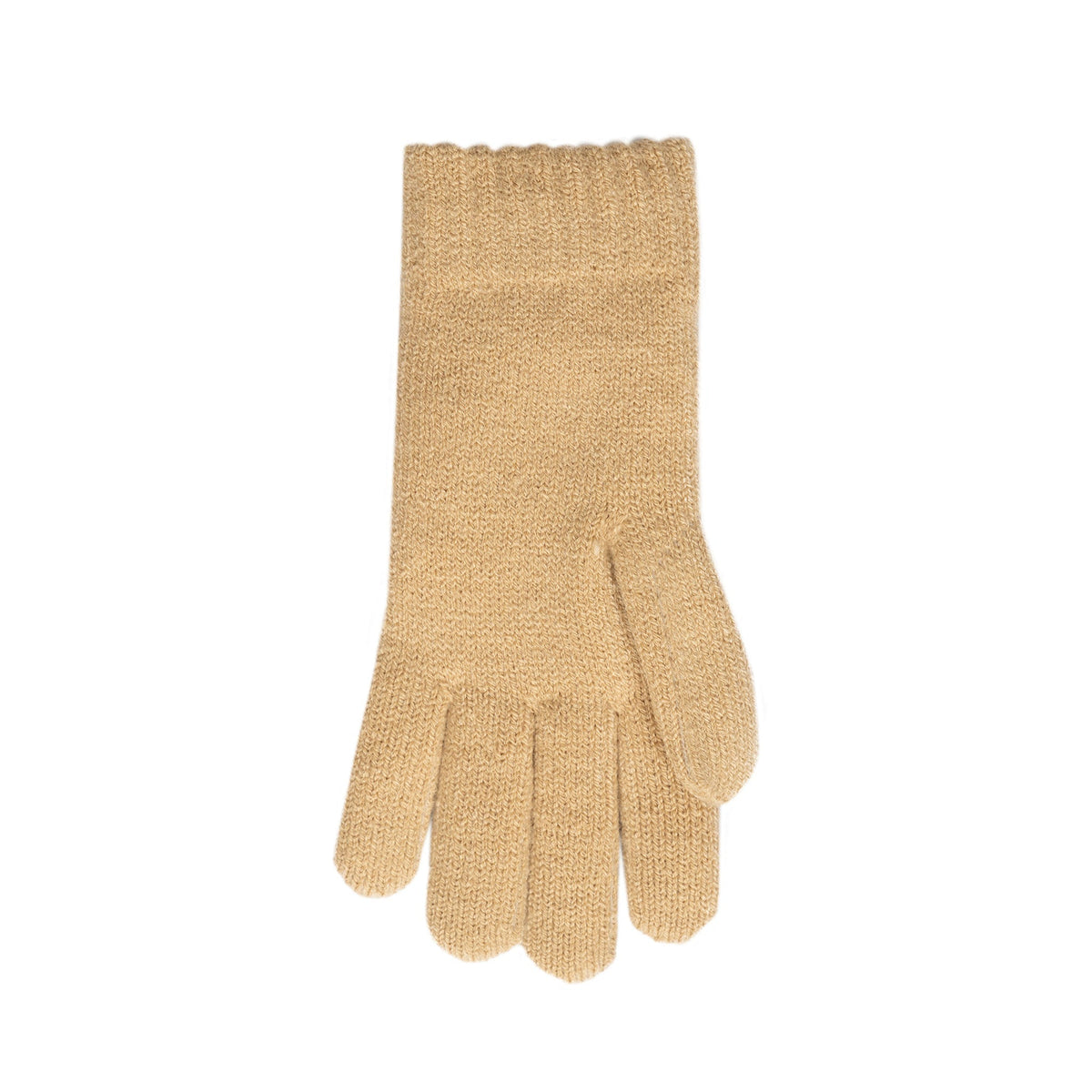 Women's cable knit gloves in beige, left hand.