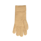 Women's cable knit gloves in beige, left hand.