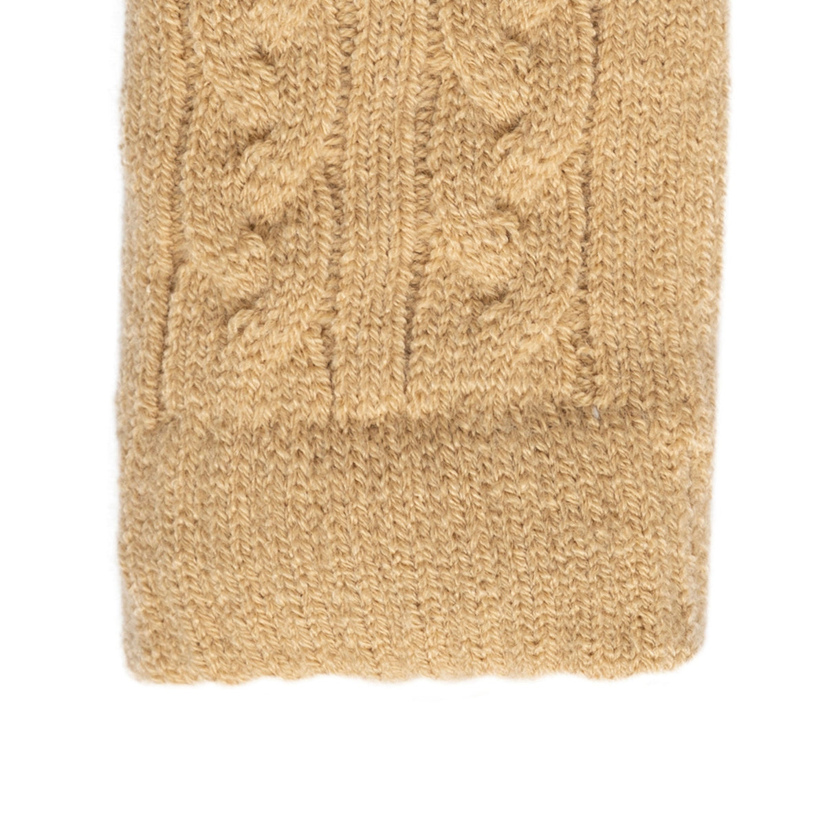 Women's cable knit gloves in beige, right hand close up. 
