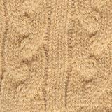Women's cable knit gloves in beige, fabric close up. 
