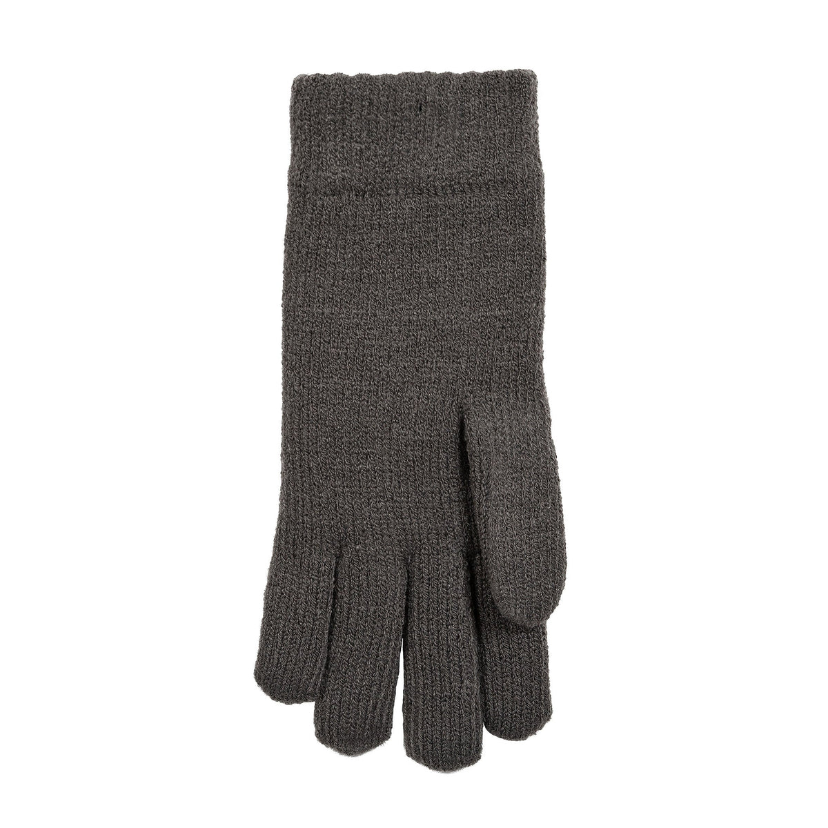 Women's cable knit gloves in dark grey, left hand. 