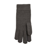 Women's cable knit gloves in dark grey, left hand. 