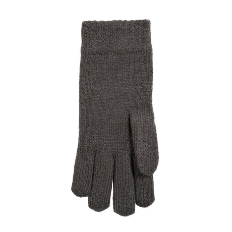 Women's cable knit gloves in dark grey, left hand. 
