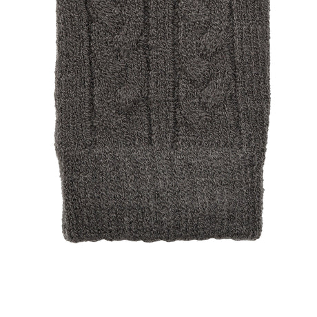 Women's cable knit gloves in dark grey, right hand close up. 