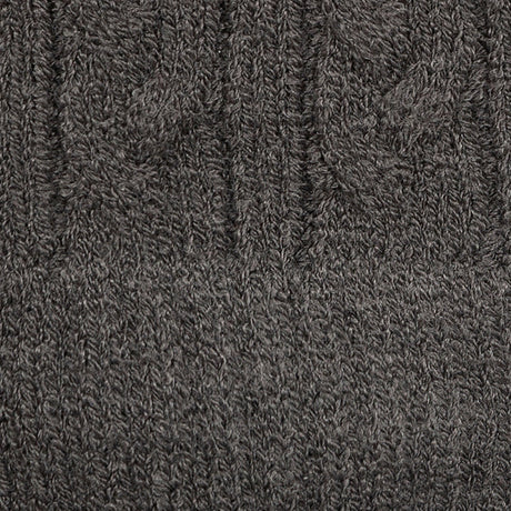 Women's cable knit gloves in dark grey, fabric close up. 