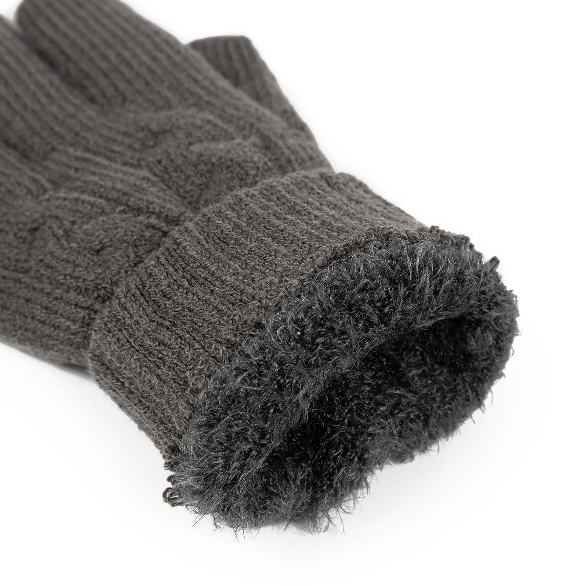 Women's cable knit gloves in dark grey, cuff. 