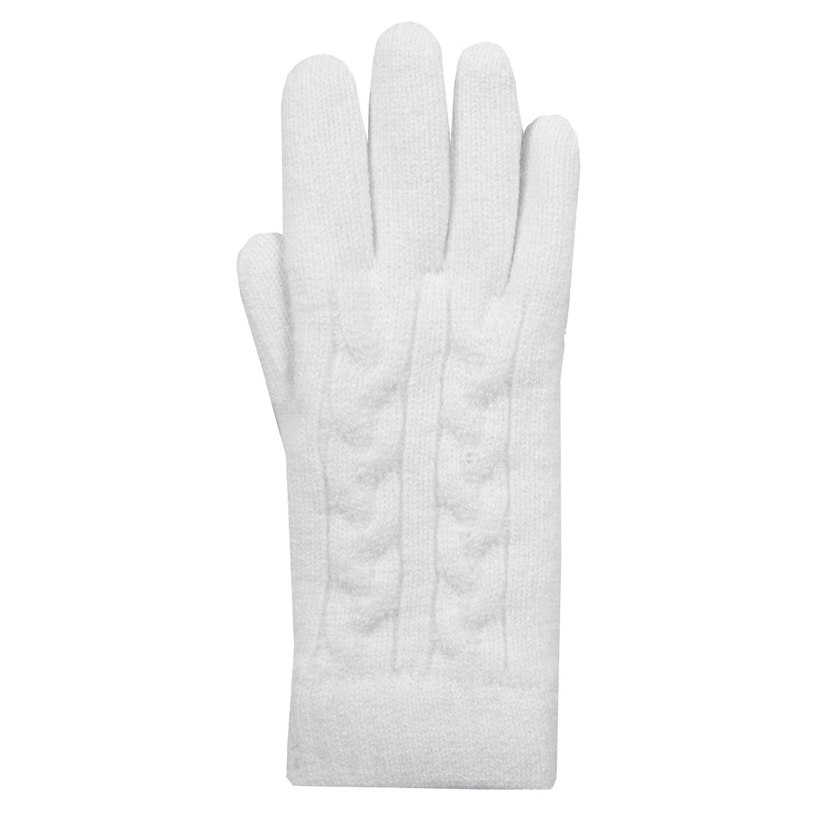 Women's cable knit gloves in white, right hand.