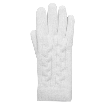 Women's cable knit gloves in white, right hand.
