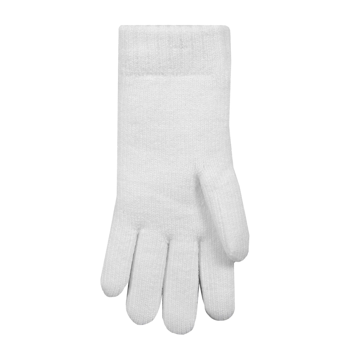 Women's cable knit gloves in white, left hand.