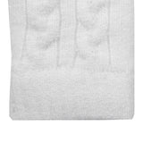 Women's cable knit gloves in white, right hand close up. 