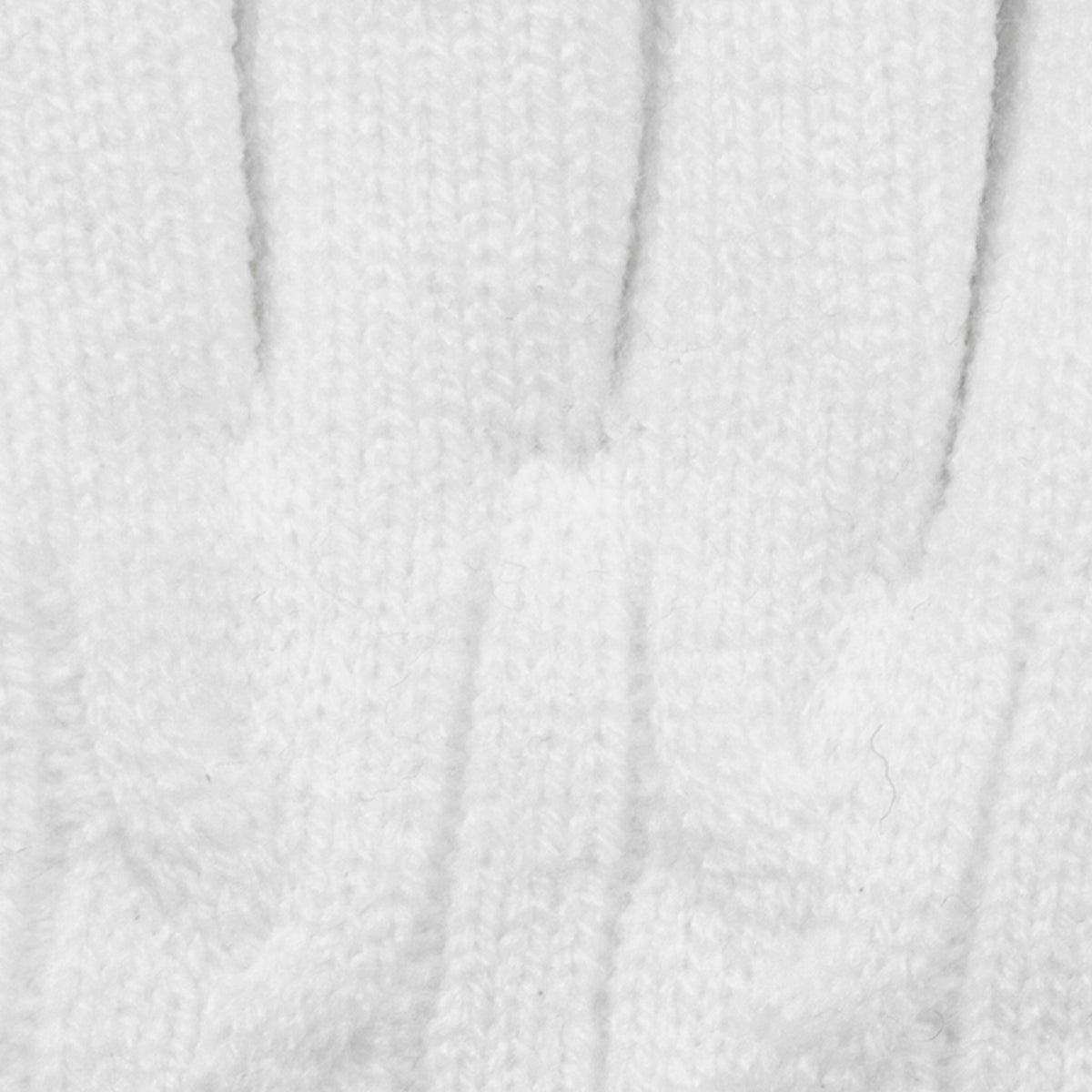 Women's cable knit gloves in white, fingers close up. 