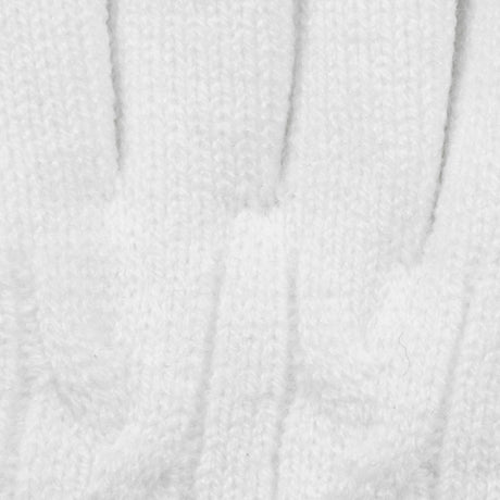 Women's cable knit gloves in white, fingers close up. 