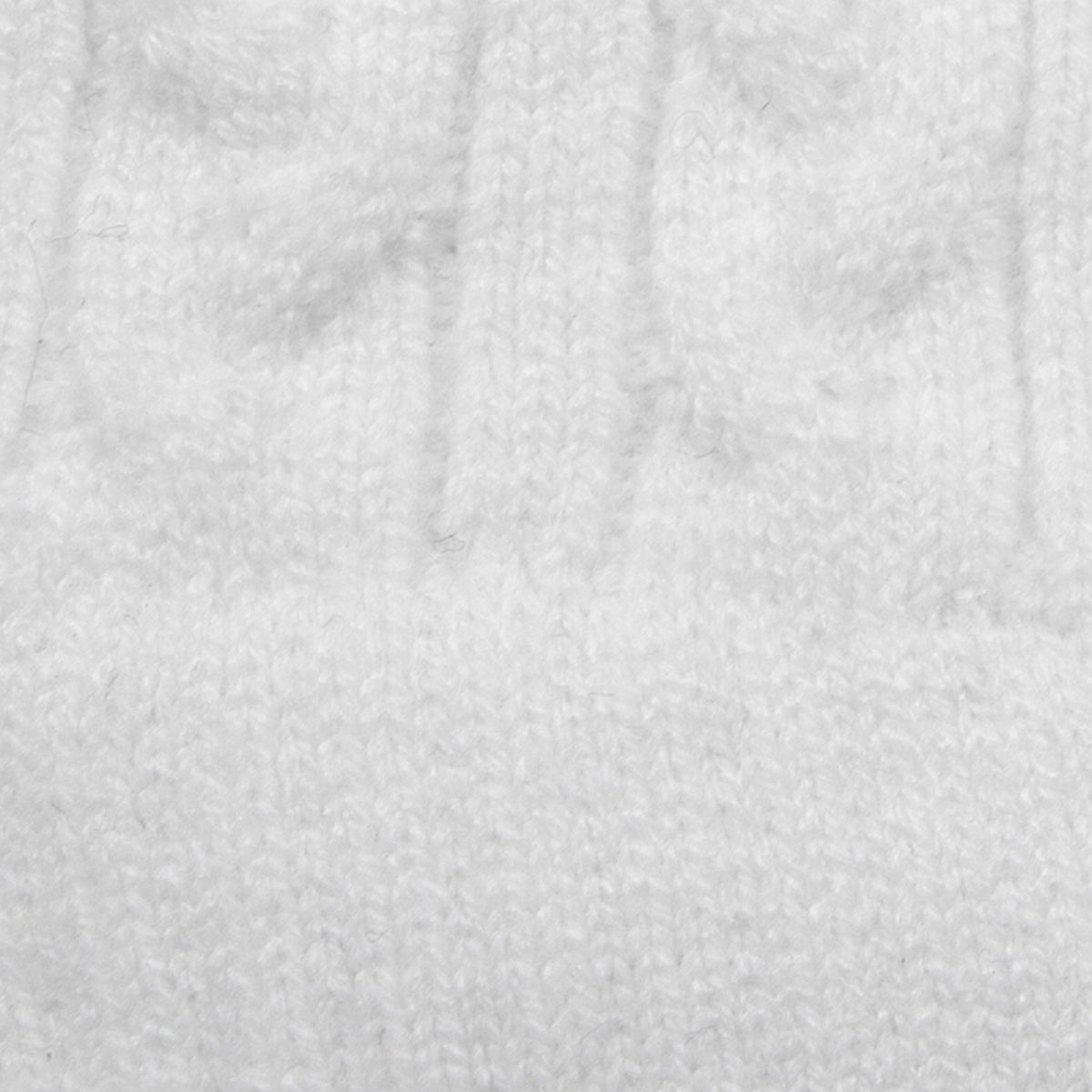 Women's cable knit gloves in white, fabric close up. 