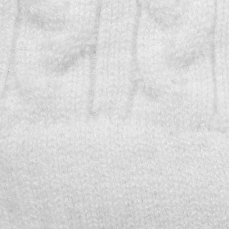 Women's cable knit gloves in white, fabric close up. 