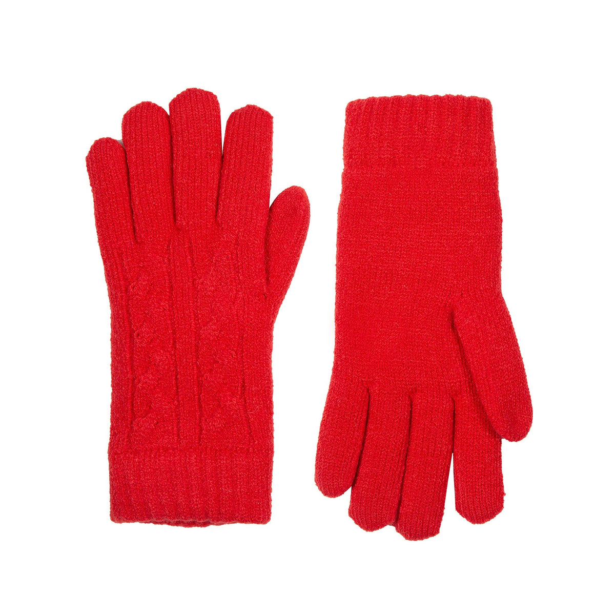 Women's cable knit gloves in red, side by side. 