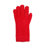 Women's cable knit gloves in red, right hand. 