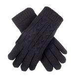 Women's cable knit gloves in black, crossed position. 