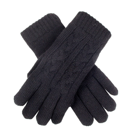 Women's cable knit gloves in black, crossed position. 