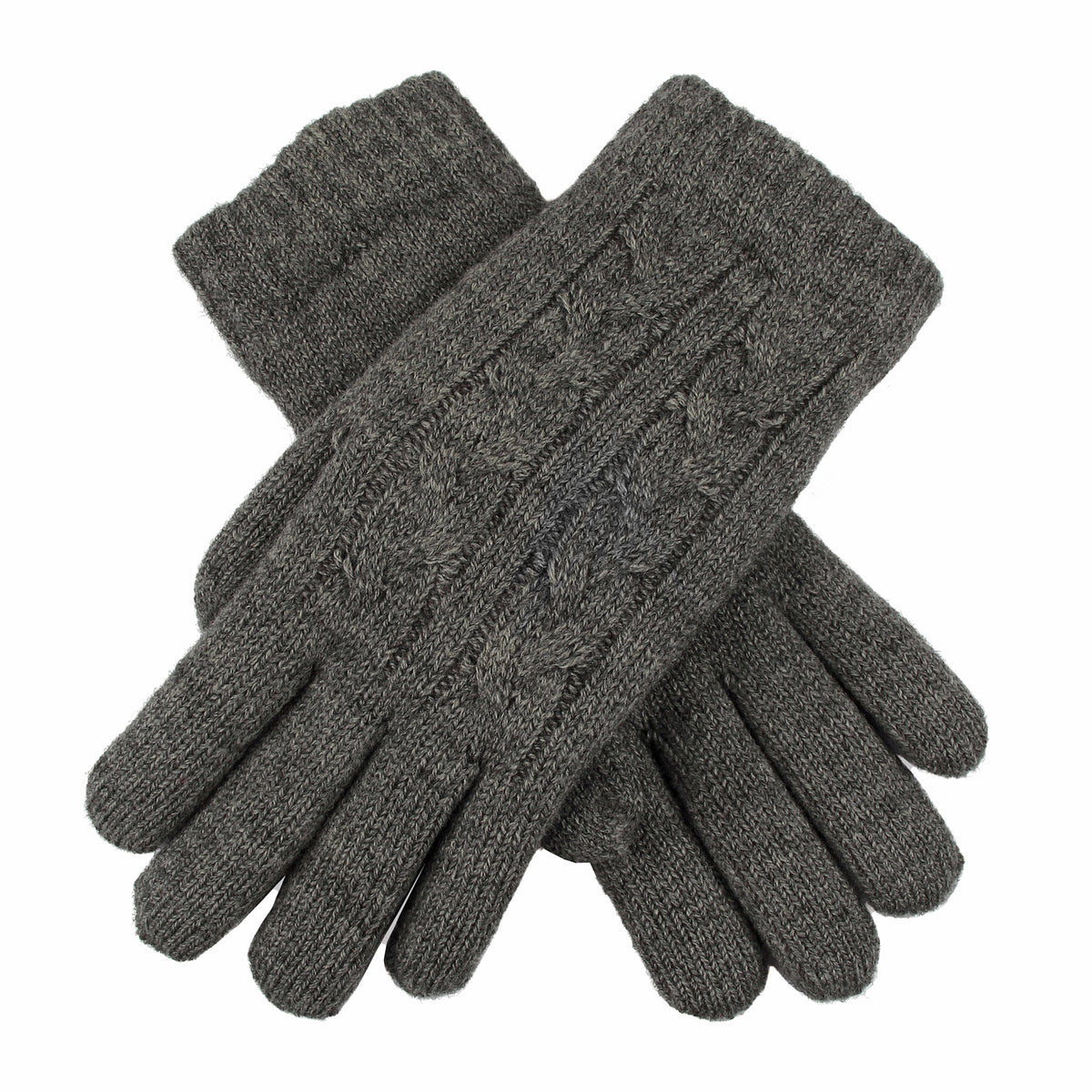 Women's cable knit gloves in dark grey, crossed position. 
