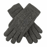 Women's cable knit gloves in dark grey, crossed position. 