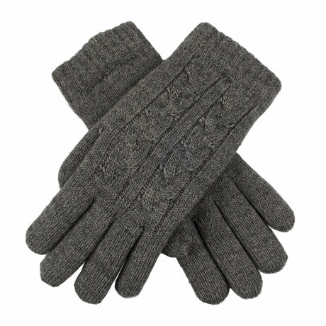 Women's cable knit gloves in dark grey, crossed position. 