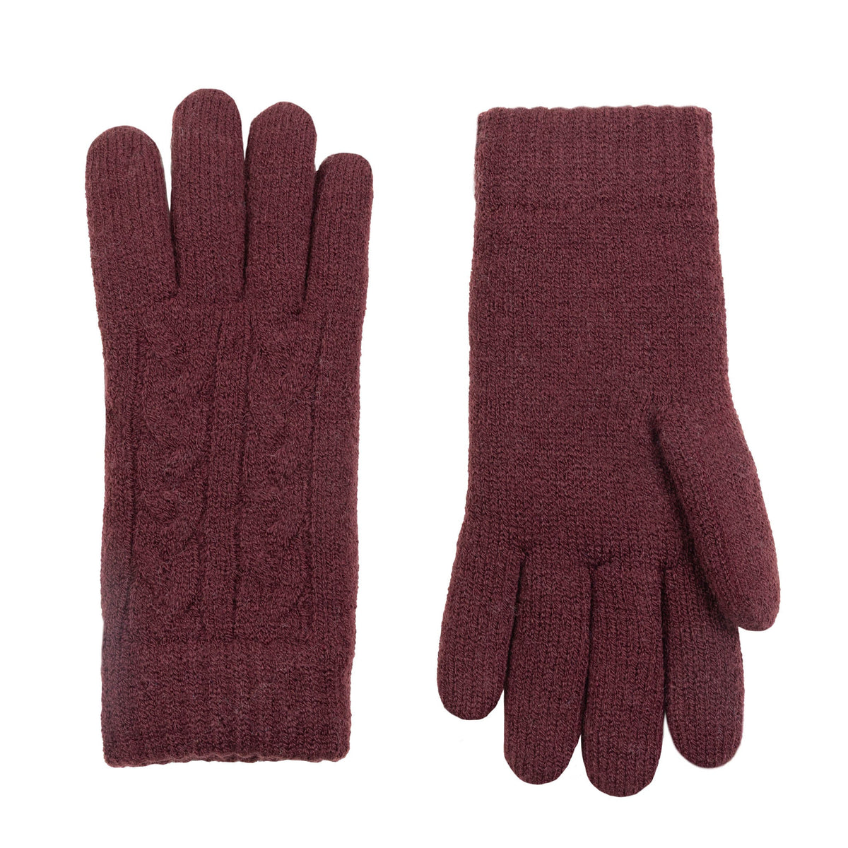 Women's cable knit gloves in burgundy, side by side. 