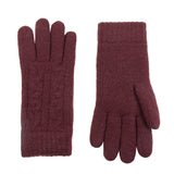 Women's cable knit gloves in burgundy, side by side. 