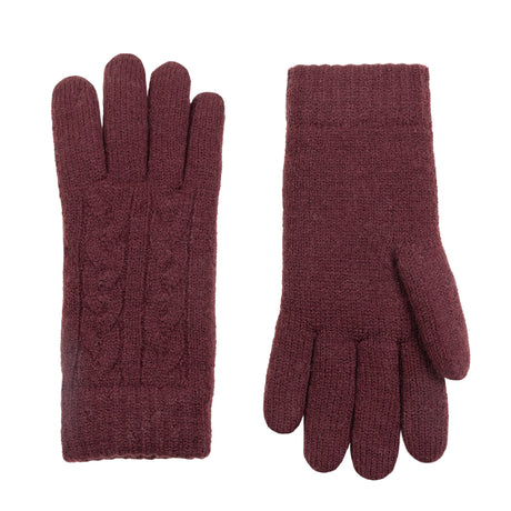 Women's cable knit gloves in burgundy, side by side. 