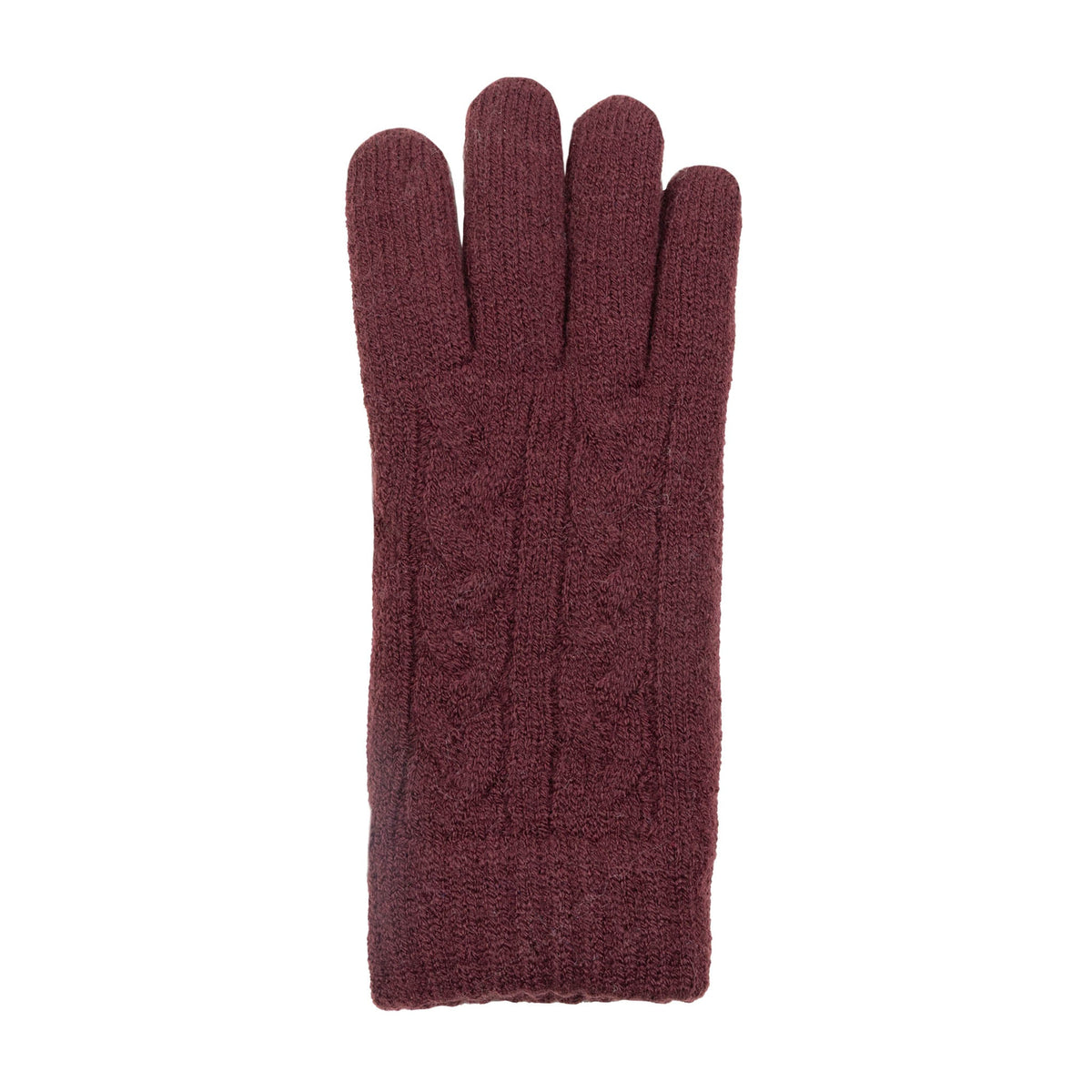 Women's cable knit gloves in burgundy, right hand. 