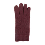 Women's cable knit gloves in burgundy, right hand. 