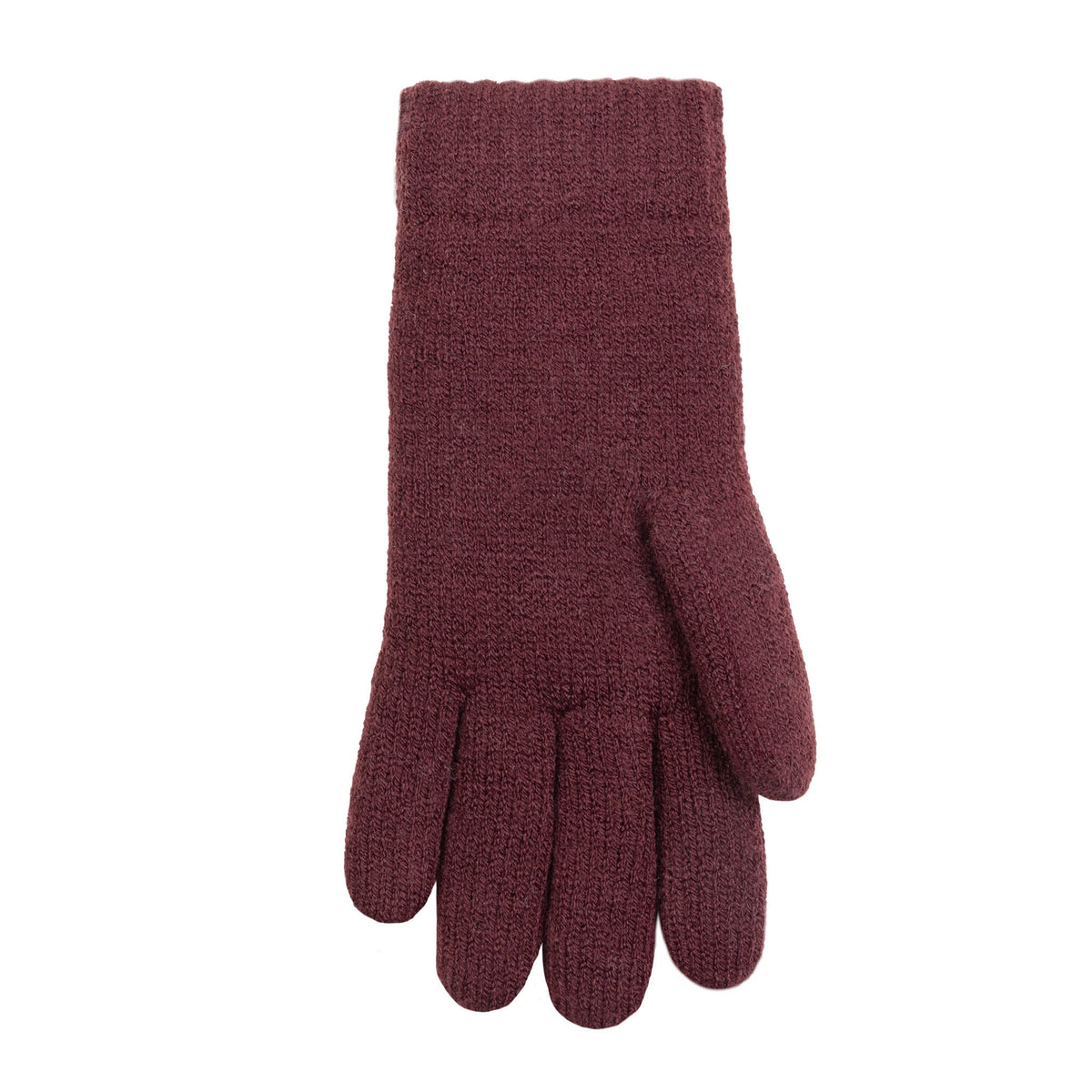 Women's cable knit gloves in burgundy, left hand.