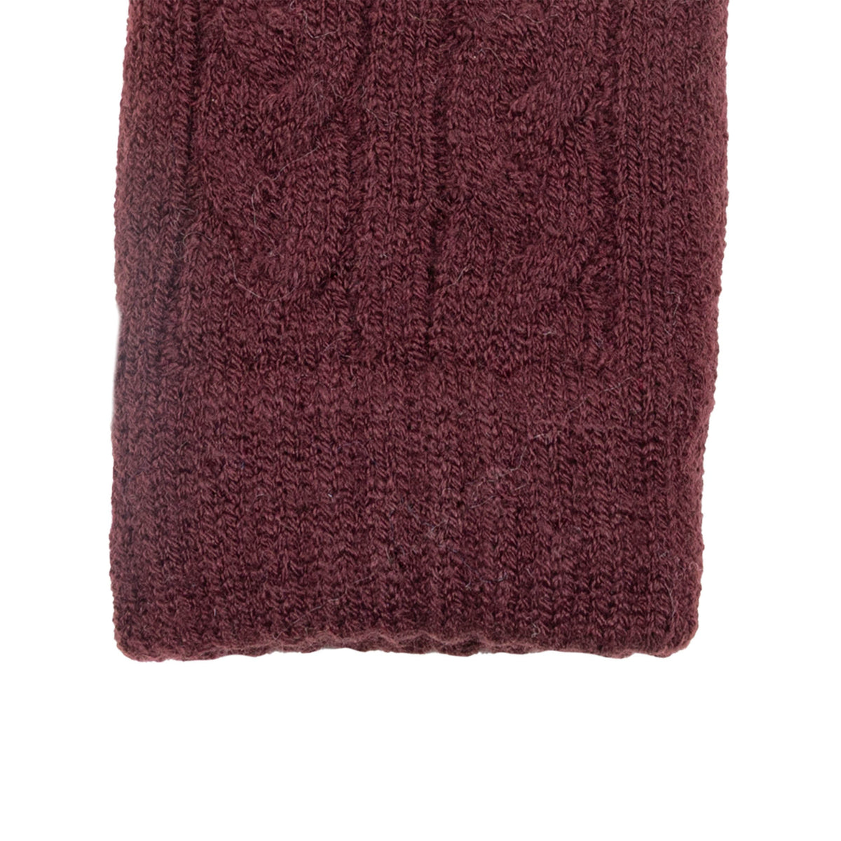 Women's cable knit gloves in burgundy, right hand close up. 