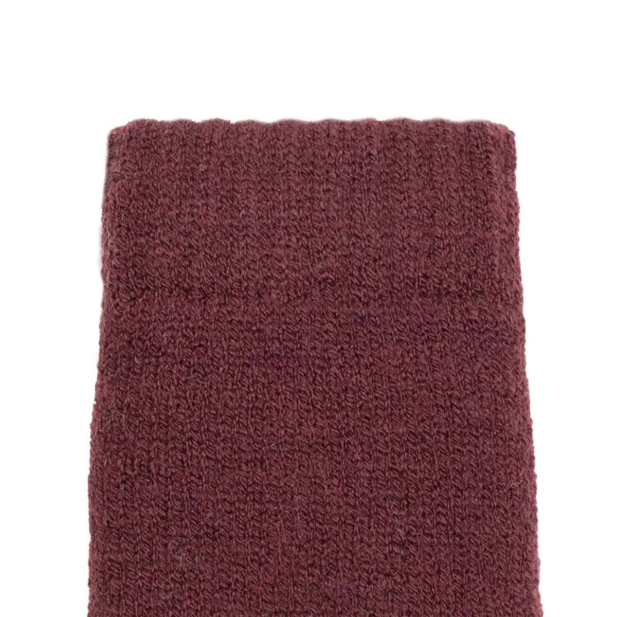 Women's cable knit gloves in burgundy, left hand close up. 