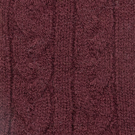 Women's cable knit gloves in burgundy, fabric close up. 