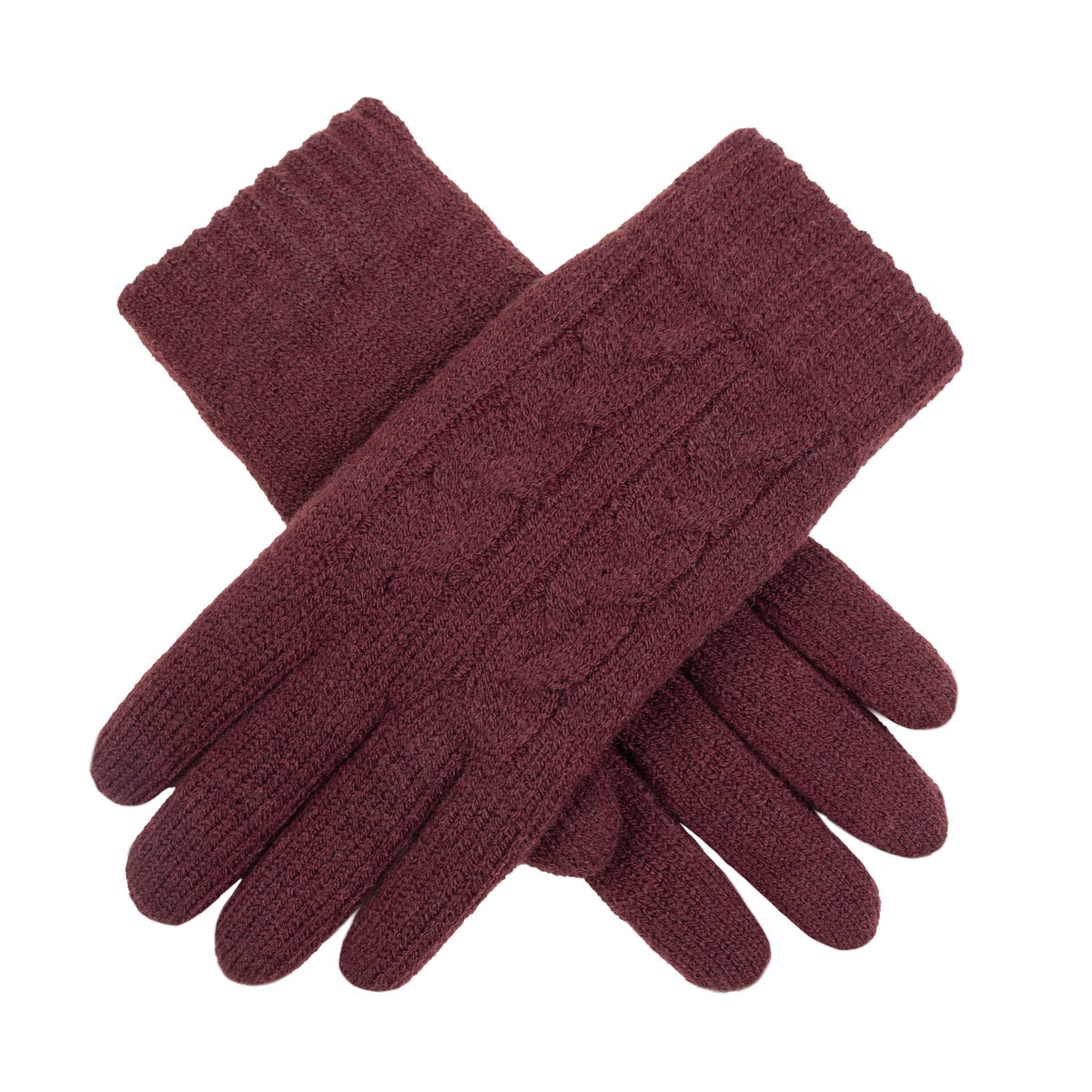 Women's cable knit gloves in burgundy, crossed image. 