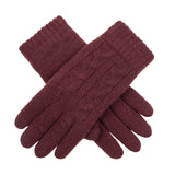 Women's cable knit gloves in burgundy, crossed image. 