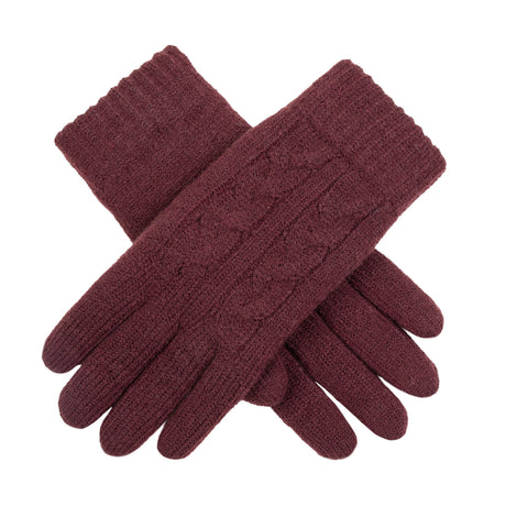 Women's cable knit gloves in burgundy, crossed image. 