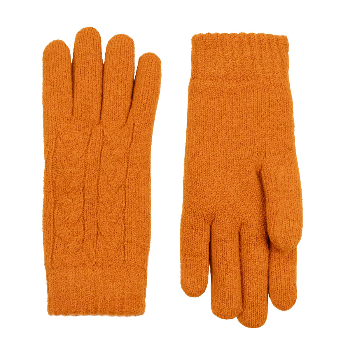 Women's cable knit gloves in orange, side by side. 