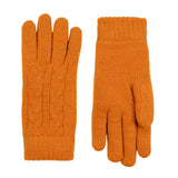 Women's cable knit gloves in orange, side by side. 