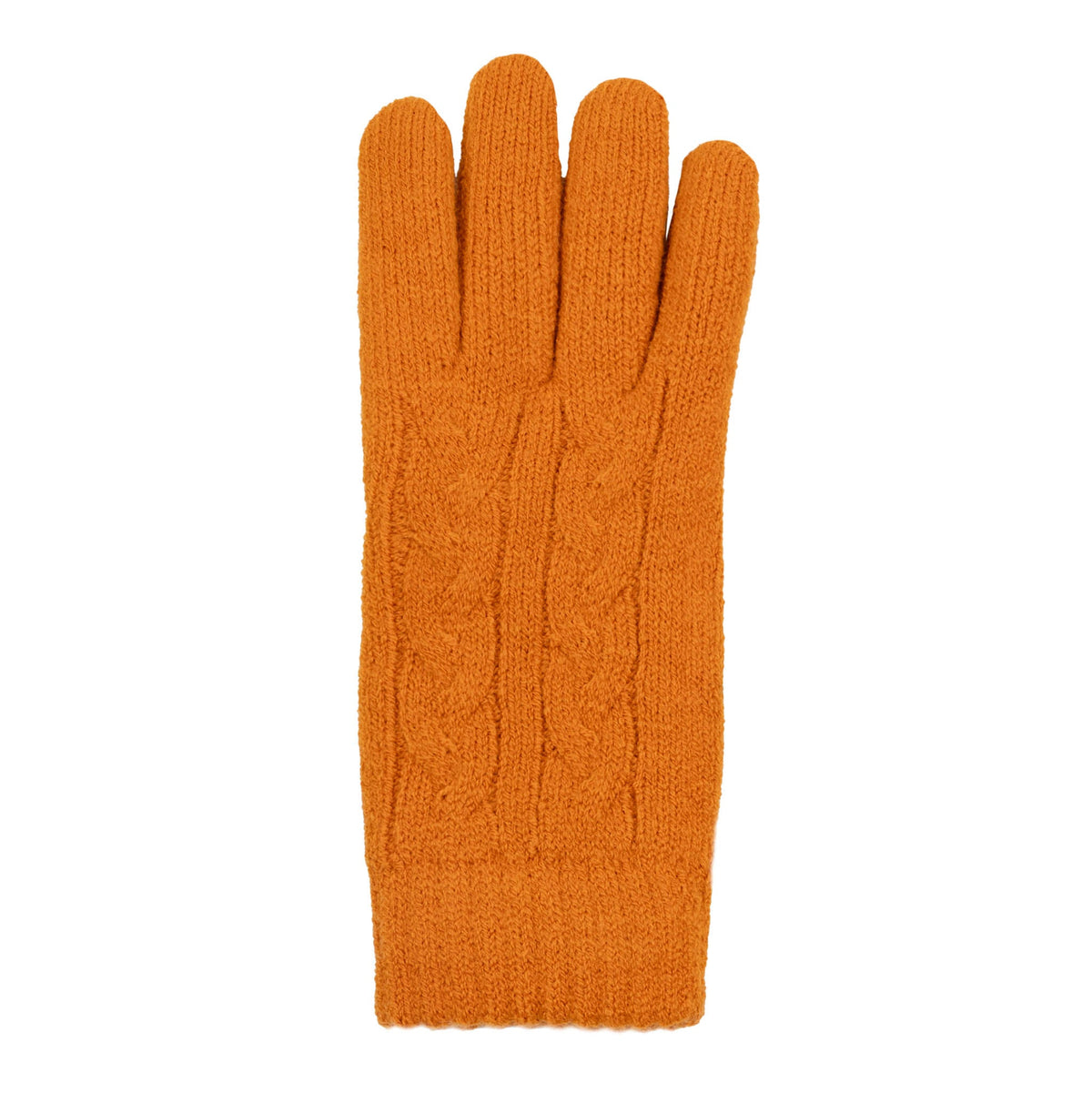 Women's cable knit gloves in orange, right hand.