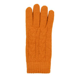 Women's cable knit gloves in orange, right hand.