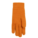 Women's cable knit gloves in orange, left hand. 