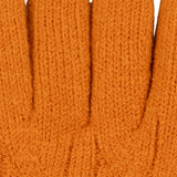 Women's cable knit gloves in orange, fingers close up. 