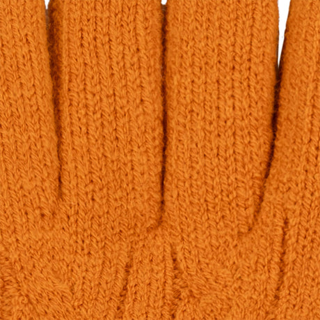 Women's cable knit gloves in orange, fingers close up. 
