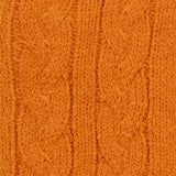 Women's cable knit gloves in orange, fabric close up. 