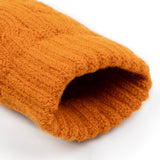Women's cable knit gloves in orange, cuff. 