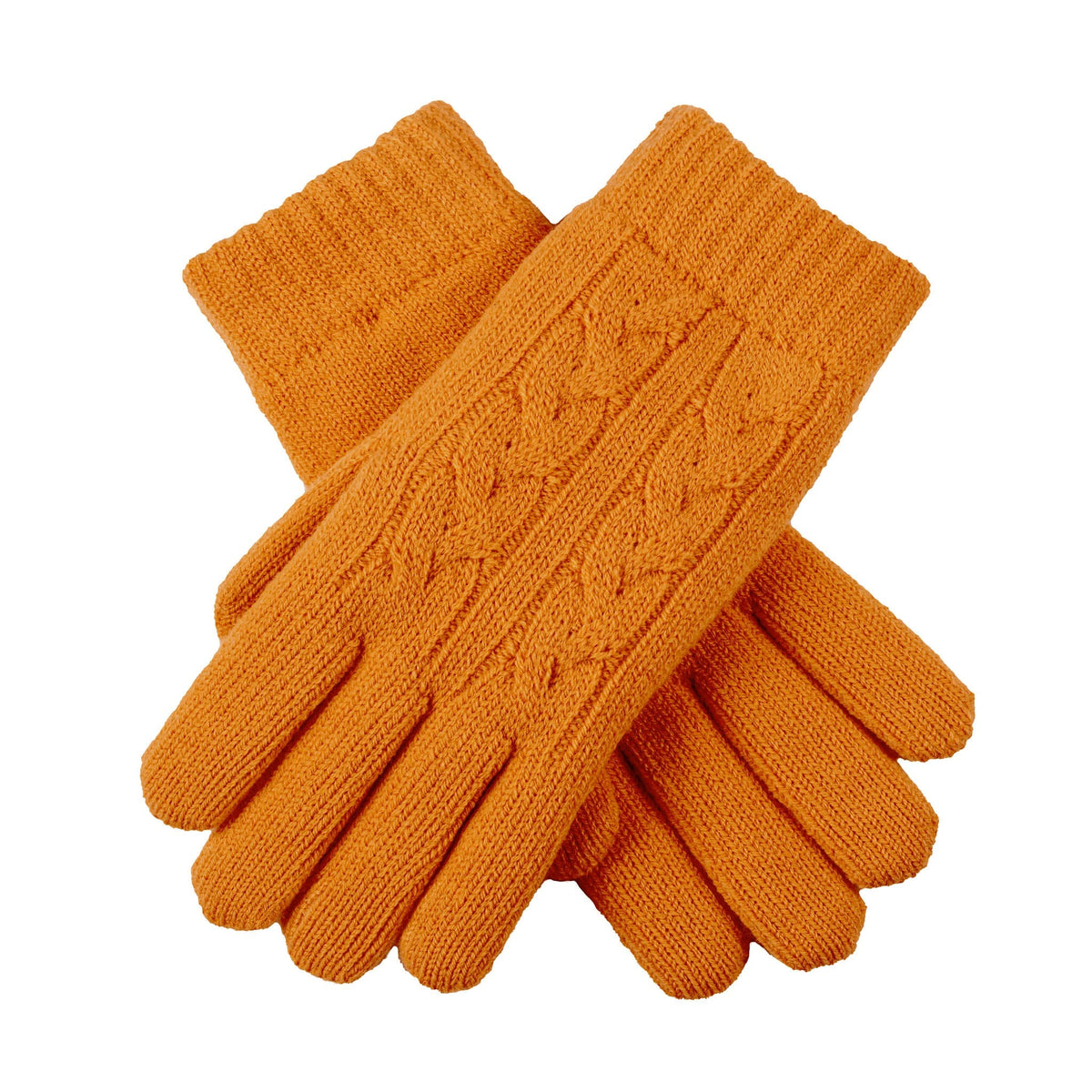 Women's cable knit gloves in orange, crossed position. 