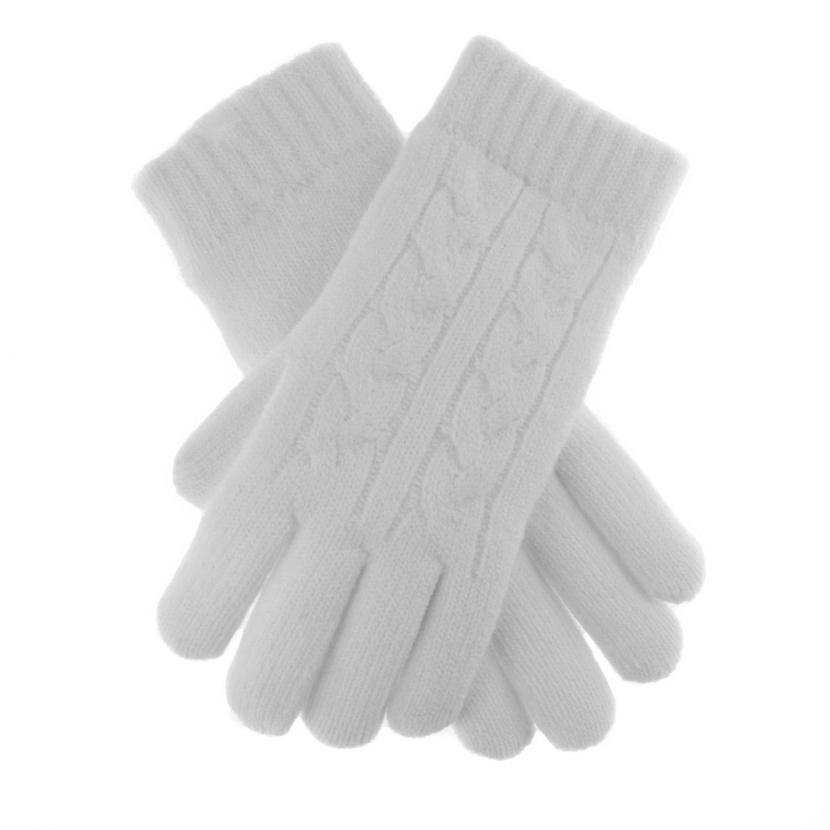 Women's cable knit gloves in white, crossed position. 